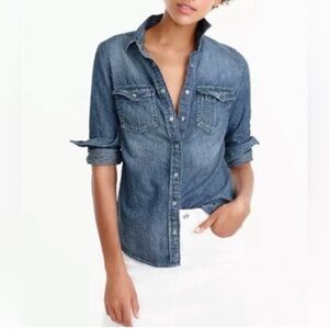 J. Crew Women's Pearl Snap Denim Shirt - Indigo Blue, Size 12